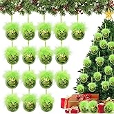 16Pcs Green Christmas Tree Ornaments Balls with Fuzzy Hair, Christmas Tree Balls Ornaments Decorations for Xmas Home Tree Décor