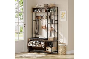 VIVIDWOOD Hall Tree Coat Rack, Hall Tree with Bench and Shoe Storage Shoe with, Mud Room Storage Furniture，39.37 X 15.74 X 69.69 Inches, Brown