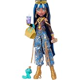 Monster High Cleo De Nile Doll with Pet Cobra | Mummy in Crop Top and Golden Denim Cargo Pants with Pet Snake Hissette and 7 Accessories like Salad, Smoothie and Purse