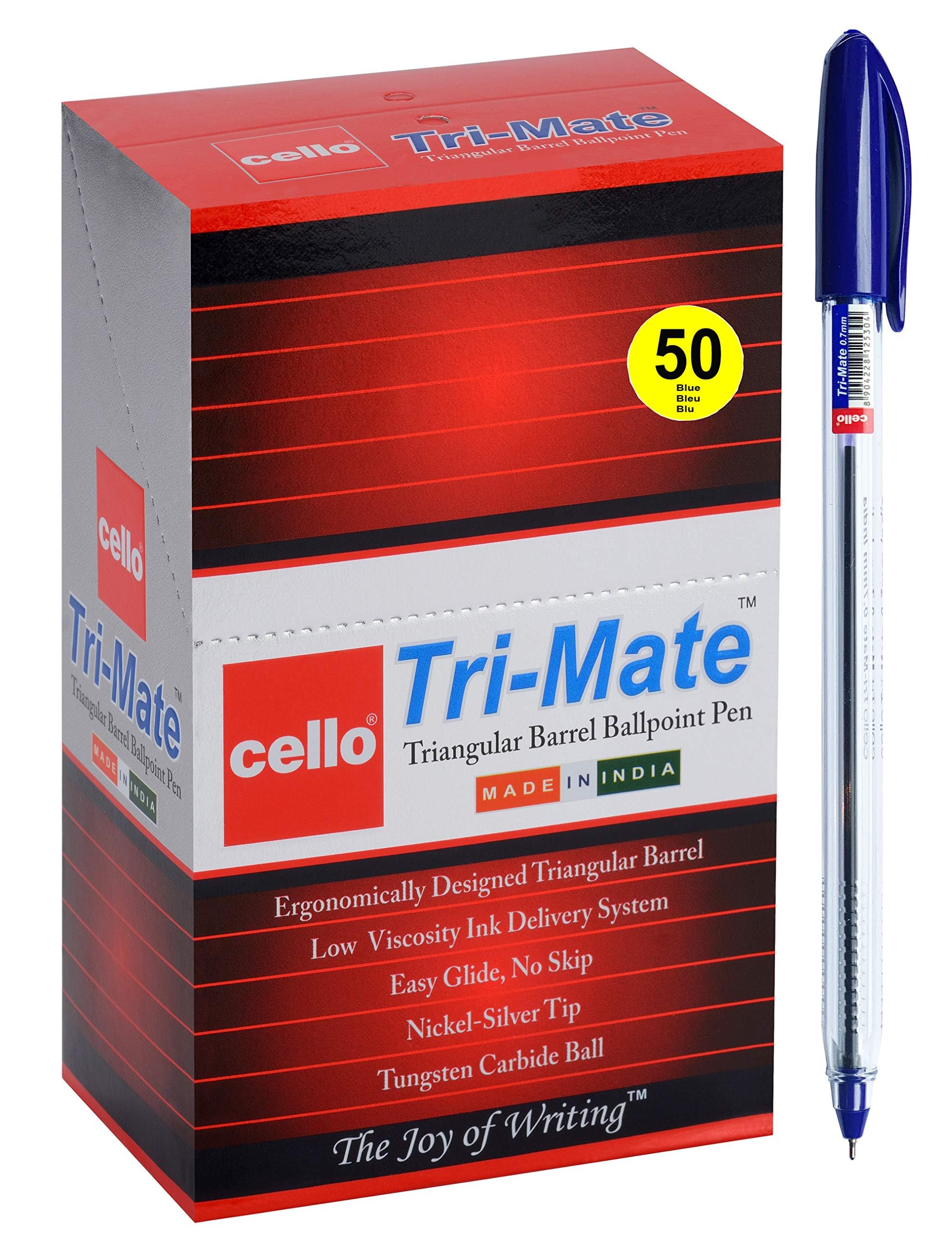 Cello Original Tri-Mate Triangular Barrel Ballpoint Pen Medium Point Biro (1.0mm) (Blue, Pack of 50)