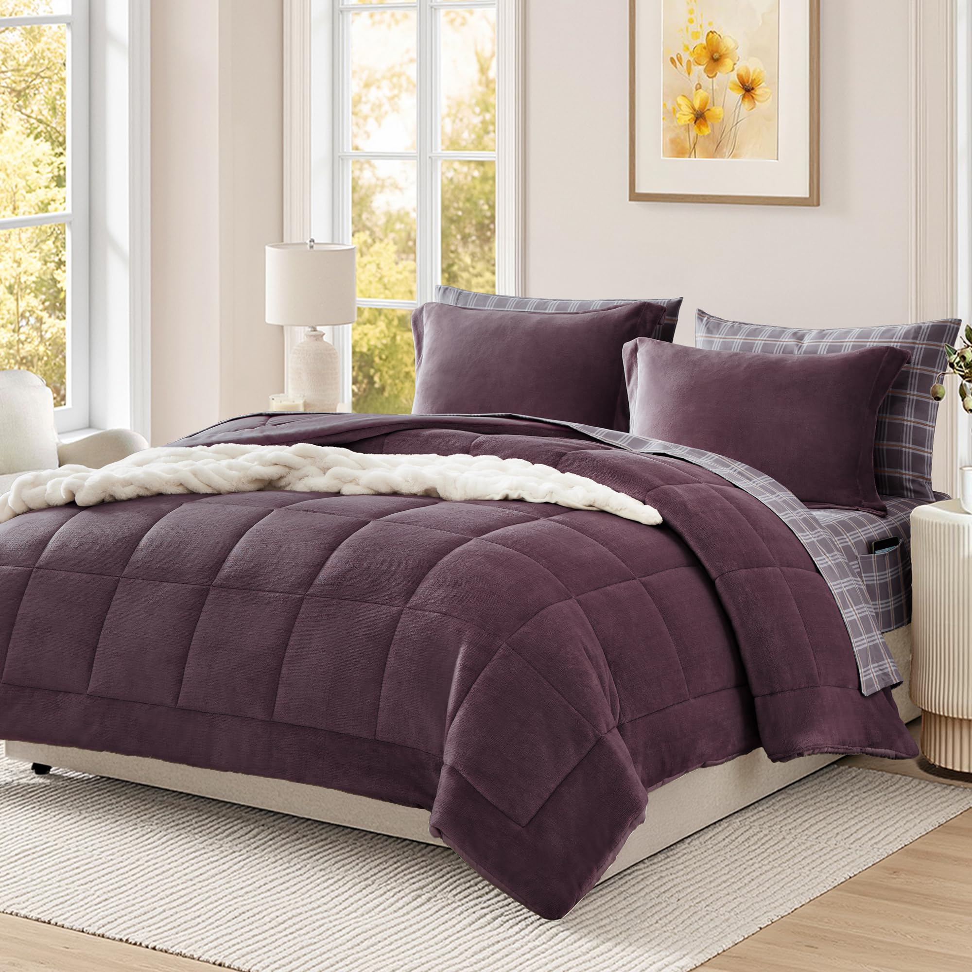 Photo 1 of AMBERSPACE Plush Queen Comforter Set Purple, Flannel Velvet Comforter Sets 7 Pieces Bed in a Bag, Soft Warm Winter Bedding Set with Sheets, Pillowcases & Shams