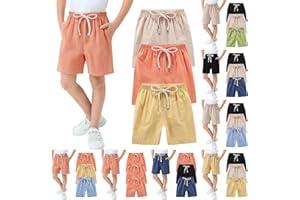 Kids Boys Girls Cotton Linen Shorts 3 Pack Summer Elastic Waist Athletic Short Toddler Soft Loose Breathable Beach Pants