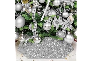XmasExp Christmas Tree Collar 33.5 inch Sequin Tree Skirt for Christmas Holiday Home Decor Xmas Tree Ring Stand Base Cover Large Size 6 Piece Silvergrey