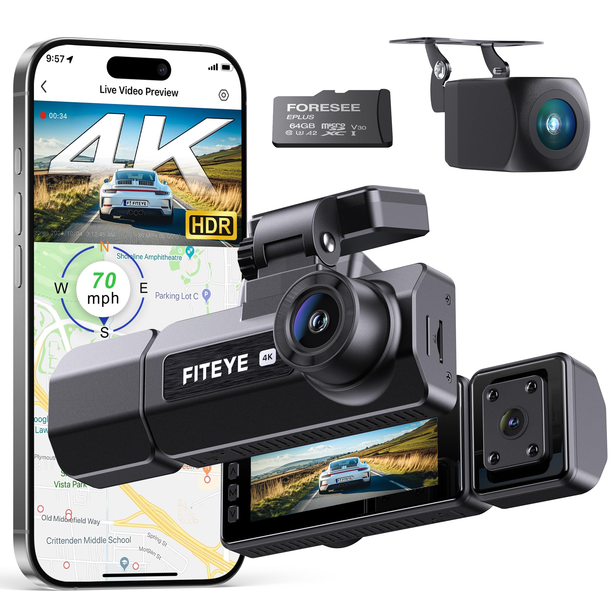 Photo 1 of 4K Dash Cam Front and Rear, 3 Channel Dash Camera with IMX335 Night Vision, WiFi GPS, Voice Control, 2K+1080P+1080P Dash Camera for Cars (64GB Card Included) Black