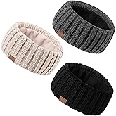 MUTKIS Winter Headbands for Women 3 Pack, Ear Warmers for Women Headband Wool Knit Thick Fleece Lined, Cold Weather Warm Ear Muffs(Black&Beige&Dark Gray)