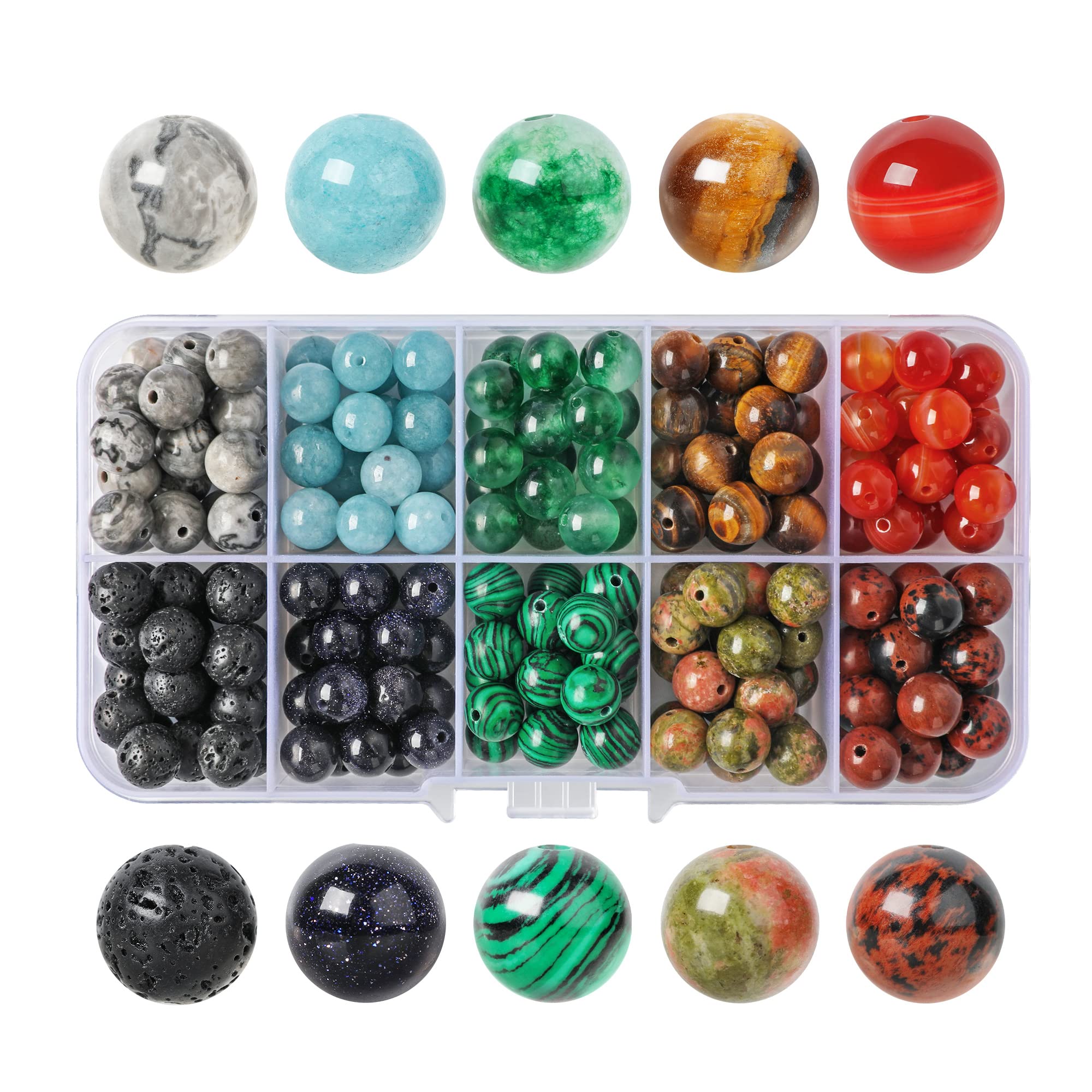 SOSMAR 200pcs Stone Beads, 8mm Crystal Round Beads for Jewelry Making, Lava Bead/Tiger Eye/Red Agate/Aquamarine/Jasper Craft Beads for Bracelet Necklace Making, 10 Colours DIY Smooth Stone — image 1