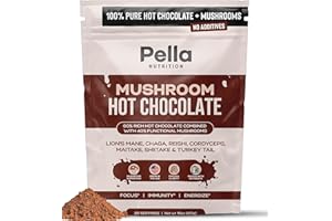 PELLA NUTRITION Organic Mushroom Hot Chocolate Blend (30 Servings) with 7 Superfood Mushrooms - Lion's Mane, Reishi, Chaga, Cordyceps, Shiitake, Maitake, and Turkey Tail - Delicious Fairtrade Instant Hot Cocoa Mix