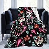 Ouqiuwa Day of The Dead Cat Kitten Sugar Skull Throw Blanket Soft Lightweight Washable Flannel Fleece Blanket 50