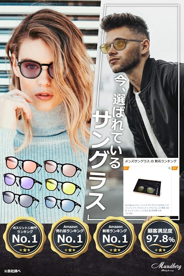 Amazon Mundberg カラー レンズ サングラス イエロー 黄 Uv400 アジアンフィット ボスリントン クリアレンズ 軽量 全6色 メンズ レディース プレゼント ギフト 日本 語 説明書 付き サングラス 通販