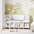 HOSTACK Kids Reading Nook, Nursery Bookshelf and Bookcase with Bench, Book Shelf Organizer with Seat Cushion and 6 Storage Cubbies for Playroom, Bedroom, White