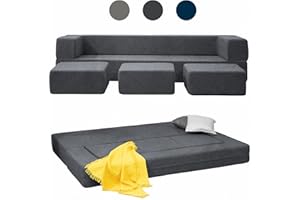 Mjkone Queen Convertible Velvet Futon Sofa Bed with 3 Ottomans, Memory Foam Fold Out Couch Bed, Foldable Floor Sofa, Guest Sleeper for Living Room,Dark Grey