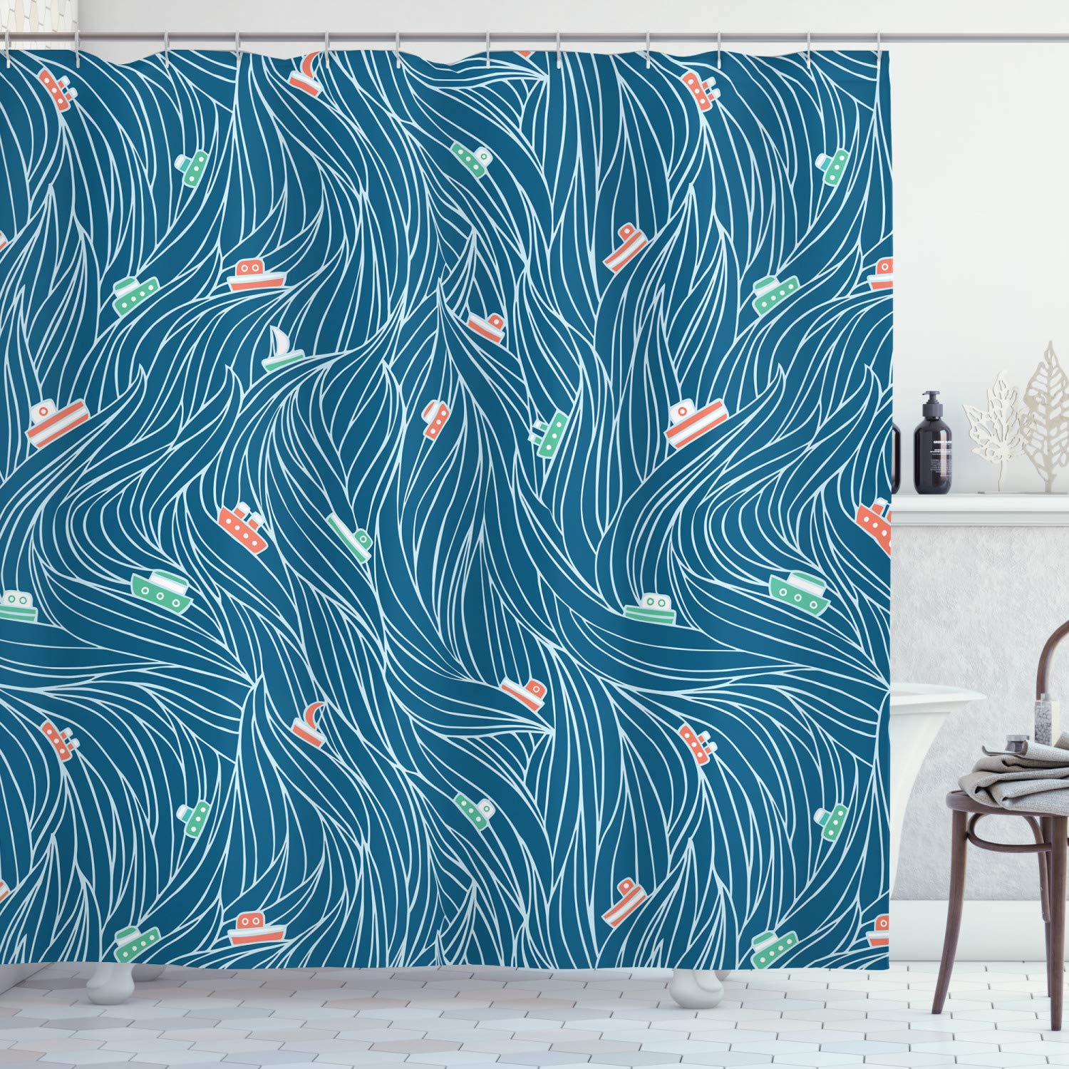 ABAKUHAUS Nautical Shower Curtain, Waves Ships Cartoon Nautical Sailboat Vacations Travel Pattern, Cloth Fabric Bathroom Decor Set with Hooks, 175 x 200 cm, Petrol Blue Jade Green