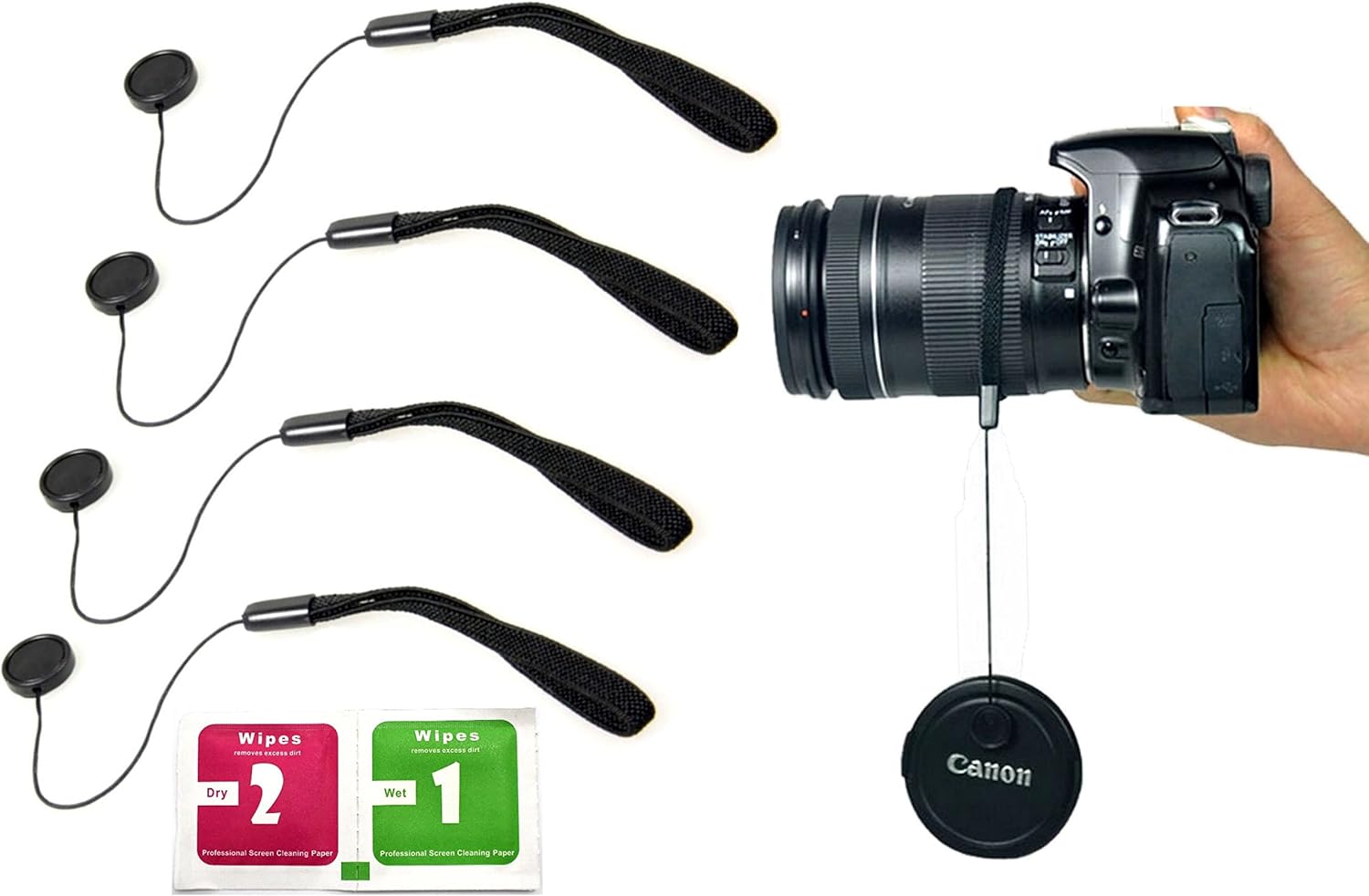 Amazon カメラ レンズ キャップ 落下 防止 ストラップ 紛失防止 ラバー ホルダー 4本セット 液晶スクリーン クリーニングシート 2枚 Wet Dry Canon Nikon Pentax Panasonic Olympus Sony 一眼レフ ミラーレス コンパクトデジカメ Etc カメラ