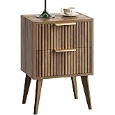 YAUKOMEL Mid Century Modern Nightstand,Small Bedside Table with 2 Drawers,Fluted Side Table,Walnut Brown End Table for Living Room,Bedroom,Small Space,Caramel Oak 11.8" D x 16" W x 22.4" H CTG55BR
