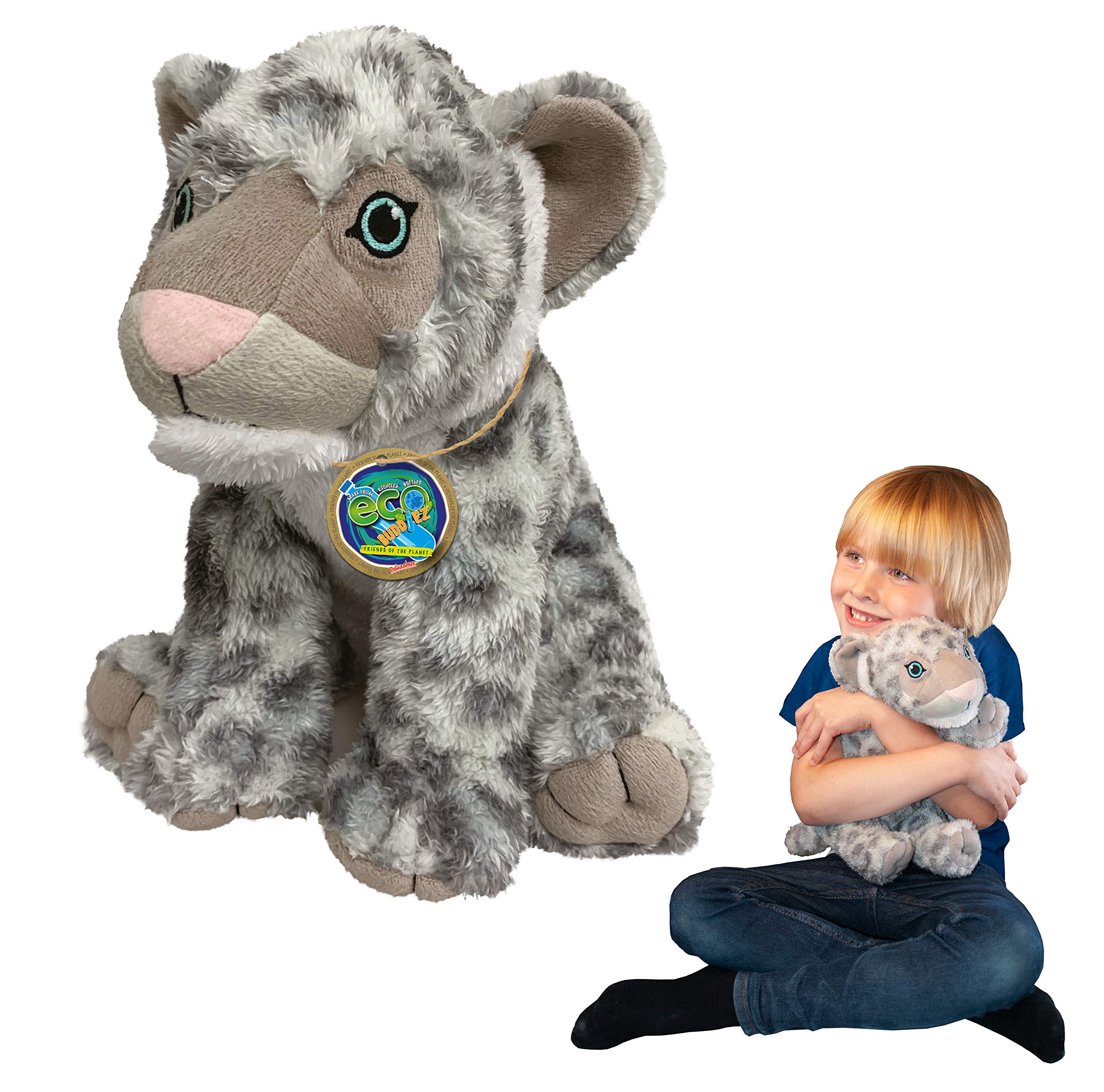 EcoBuddiez - Snow Leopard from Deluxebase. Large 30cm Soft Plush Animals made from Recycled Plastic Bottles. Eco-Friendly Cuddly Gift for Kids and Cute Stuffed Animal Toy for Toddlers.