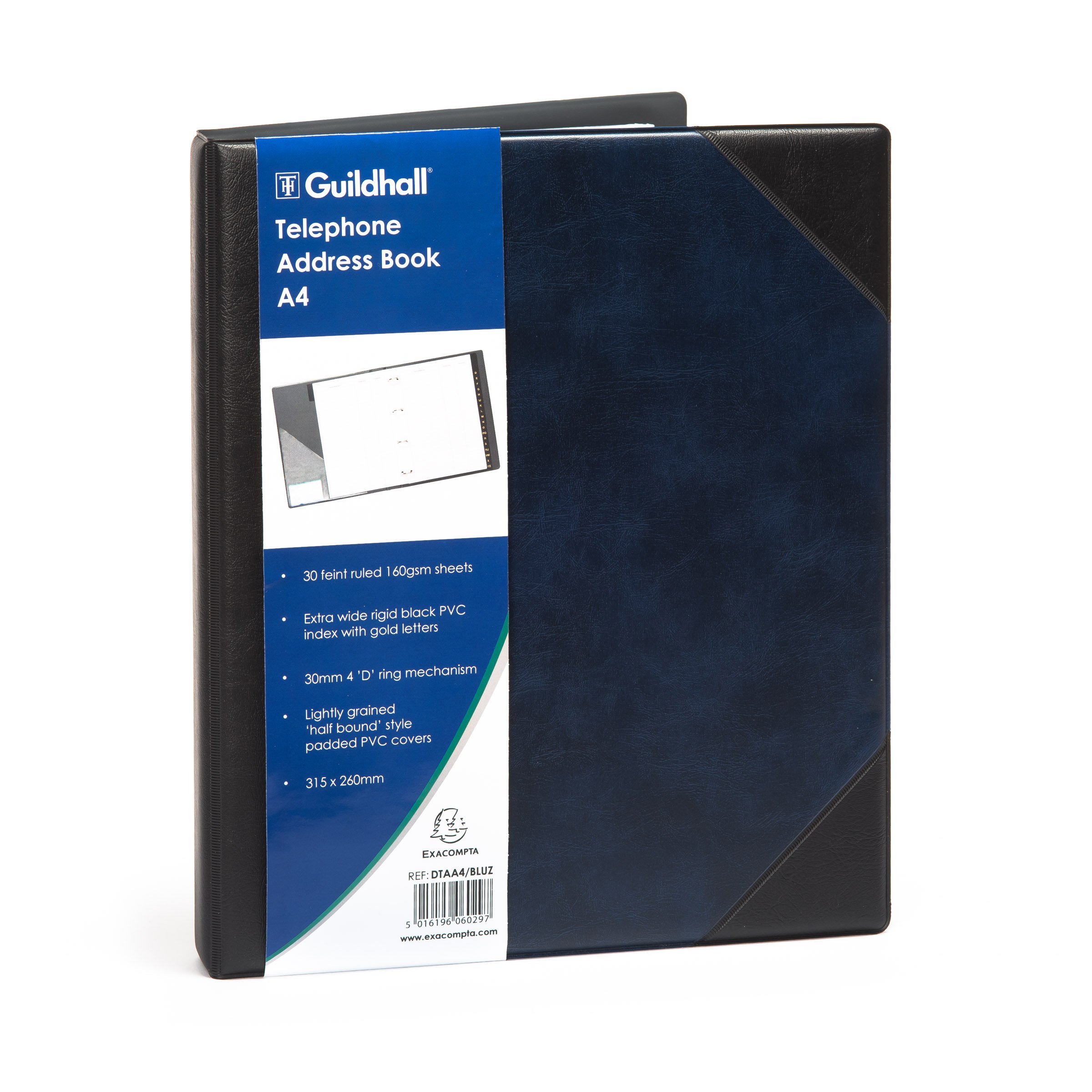 Exacompta - Ref DTAA4/BLUZ - Guildhall - Leatherette Telephone & Address Book, 317 x 258mm, Half Bound, Light Padded Cover, 30 Faintly Ruled 160gsm Sheets, Rigid Black PVC Index
