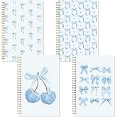 CNhoqc 4pcs Blue Coquette Aesthetic Notebooks, Coquette Preppy Theme Spiral Journal Notebook, Blue Bow Cherry Watercolor Aesthetic College Hardcover Spiral Notebooks for School Stationery Supply