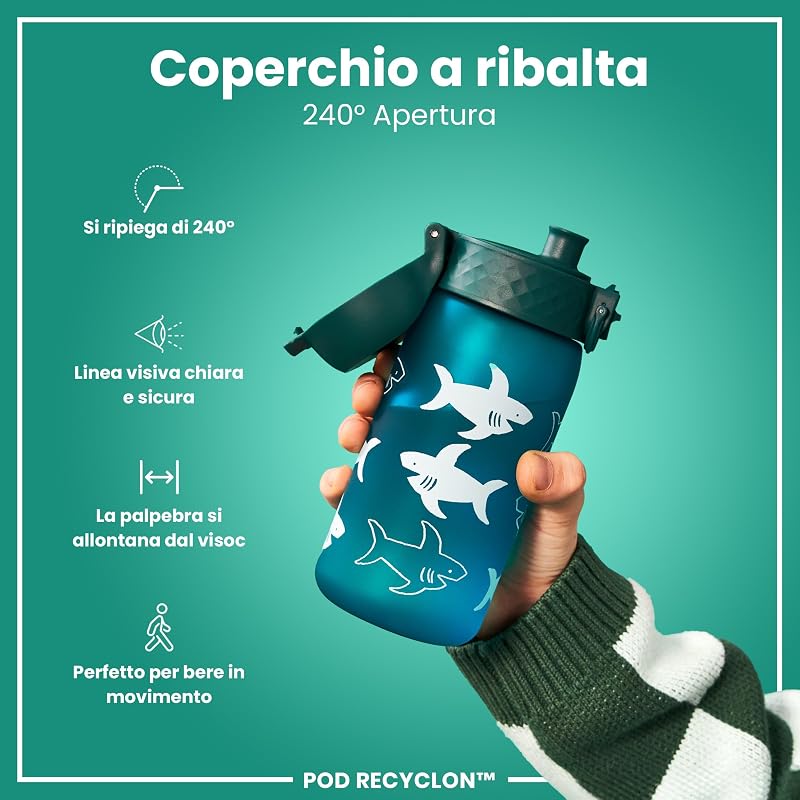 Borraccia per Bambini, 350 ml, a Prova di Perdite, Facile da Aprire, Serratura Sicura, Lavabile in Lavastoviglie, Senza BPA, Maniglia per il Trasporto, Facile Pulizia, Squali