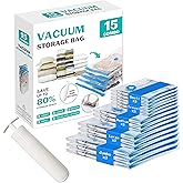 ZOESTORAGE 15 Pack Vacuum Seal Bags for Clothing &Travel, Space Saver Vacuum Storage Bags for Blankets,Luggage,Clothes,Comforter, Hand Pump Included (3 Jumbo,3 Large,3 Medium,3 Small,3 Roll）