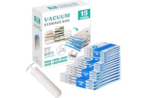 ZOESTORAGE 15 Pack Vacuum Seal Bags for Clothing &Travel, Space Saver Vacuum Storage Bags for Blankets,Luggage,Clothes,Comforter, Hand Pump Included (3 Jumbo,3 Large,3 Medium,3 Small,3 Roll）