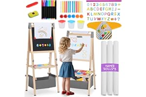 Kinder King 3 in 1 Wooden Kids Easel, Adjustable Art Easel for Kids, Double-Sided Magnetic Whiteboard & Chalkboard, Paper Roller, Art Supplies, Coloring Drawing Easel Toddler Gift Ages 3+, Grey