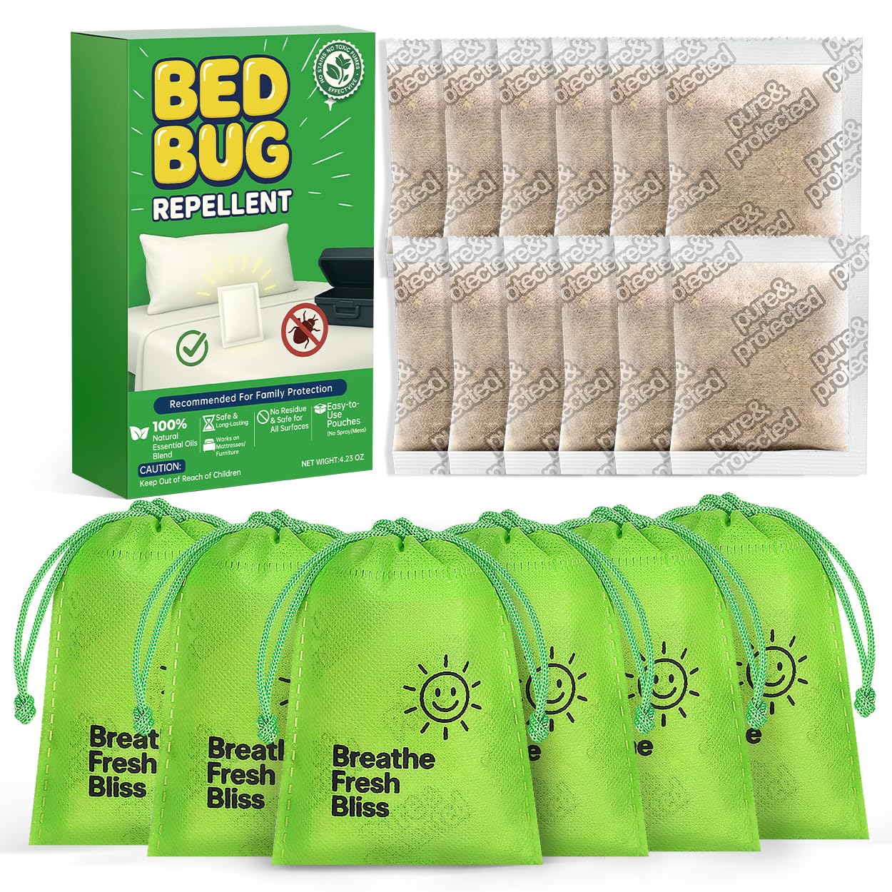 Photo 1 of 12 Pack Natural Bed Bug Repellent Pouches, Plant Based Long-Lasting 2 Month Protection Against Bedbugs, Dust Mites & Fleas, Safe for Mattress, Luggage, Furniture & Travel, No Residue Non-Toxic Formula