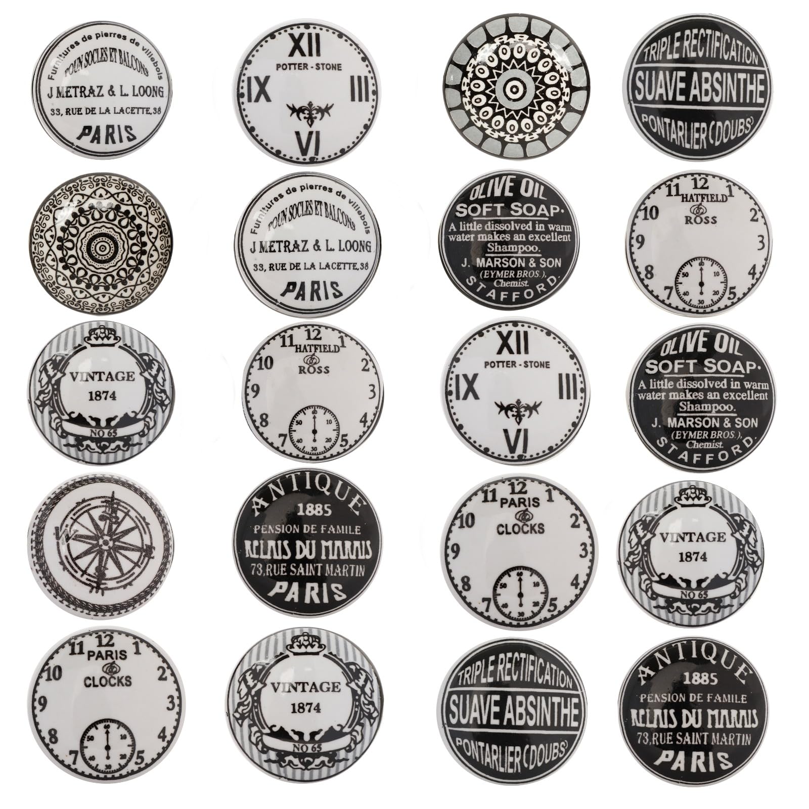 Art Of Creation Ceramic Door Knobs Clock Design Assorted Handmade VintageLook Shabby Chic Interior Furniture Cabinet Cupboard Wardrobe Drawers Pulls Handles Set of 10
