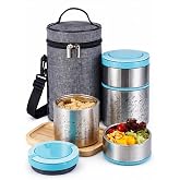 Lille Home 2 Tier Vacuum Insulated Stainless Steel Thermal Lunch Box,32OZ | 2 Tier Bento Food Container with Lunch Bag, Leakproof Wide Mouth Bento Box for Cold/Warm Food, Portion Control, Blue