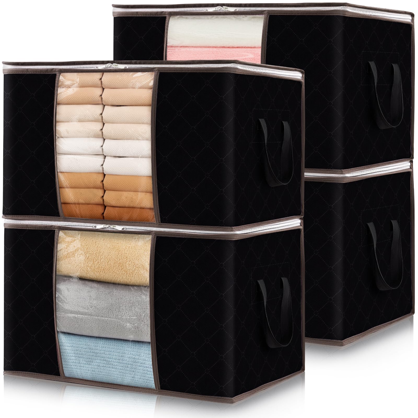 Photo 1 of Lifewit 4 Pack Clothes Storage, Foldable Storage and Organization, Storage Bins with Lids, Blanket Storage with Clear Window, Closet Storage with Reinforced Handles for Clothing, Bedding, Black