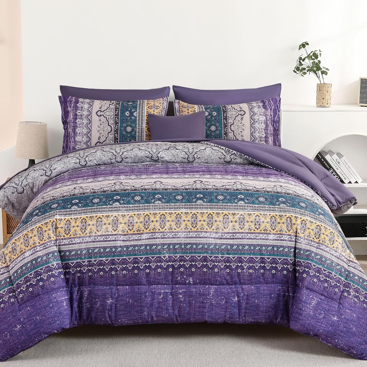 Cottolester Boho Full Comforter Set 8 Pieces,Violet Bohemian Striped Bed in a Bag, Paisley Soft Microfiber Bedding Comforter Set Image