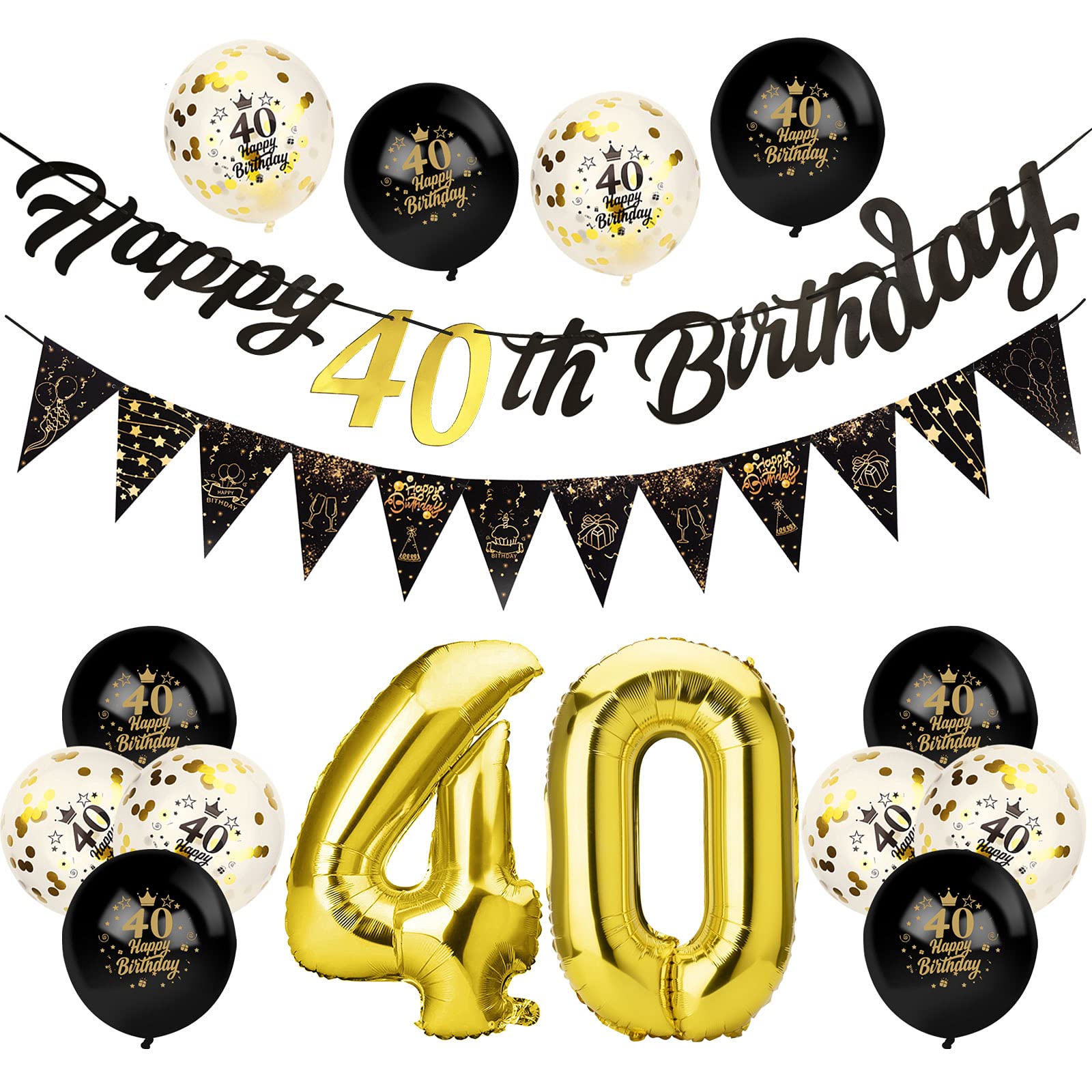 Afirbeone 40th Birthday Decorations Set, Including Black Gold Happy Birthday Banner, Triangle Flag Banner, Confetti Latex Balloons and Aluminum Foil Balloons for Party Decoration — image 1
