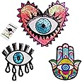 Joynaamn 3PCS Evil Eye Sequin Patches Sewing on/Iron on, Large Embroidered Decorative Appalique with Sewing Kit for Clothes Jacket Backpack Hat, Suitable for DIY/Arts/Crafts Projects