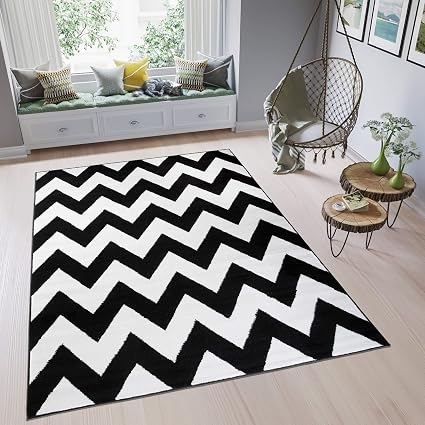 Tapiso Fire Tappeto Salotto Soggiorno Salotto Moderno Camera Da Letto Nero Bianco Zigzag Strisce Geometrico A Pelo Corto 140 X 200 Cm