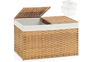 SETVSON Storage Basket with Lid Wicker Baskets for Storage with 2 Separate Lid 42.3 Gallon (160 L) 29.9 x 17.3 x 18.1 Inches 