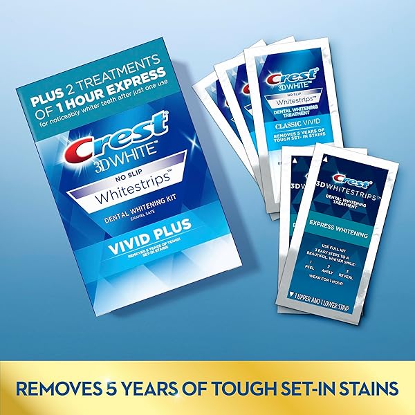 CREST 3DWHITESTRIPS VIVID PLUS WHITESTRIPS 3D WHITE, 10 TREATMENTS + 1 HOUR EXPRESS 2 TREATMENTS TEETH WHITENING KIT, 8 LEVELS WHITER, CREST TEETH WHITENING STRIPS