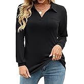 AKEWEI Womens V Neck Polo Shirts Short Sleeve Collared Tops Loose Casual Tunic Blouses with Pocket
