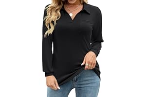 AKEWEI Womens V Neck Polo Shirts Short Sleeve Collared Tops Loose Casual Tunic Blouses with Pocket