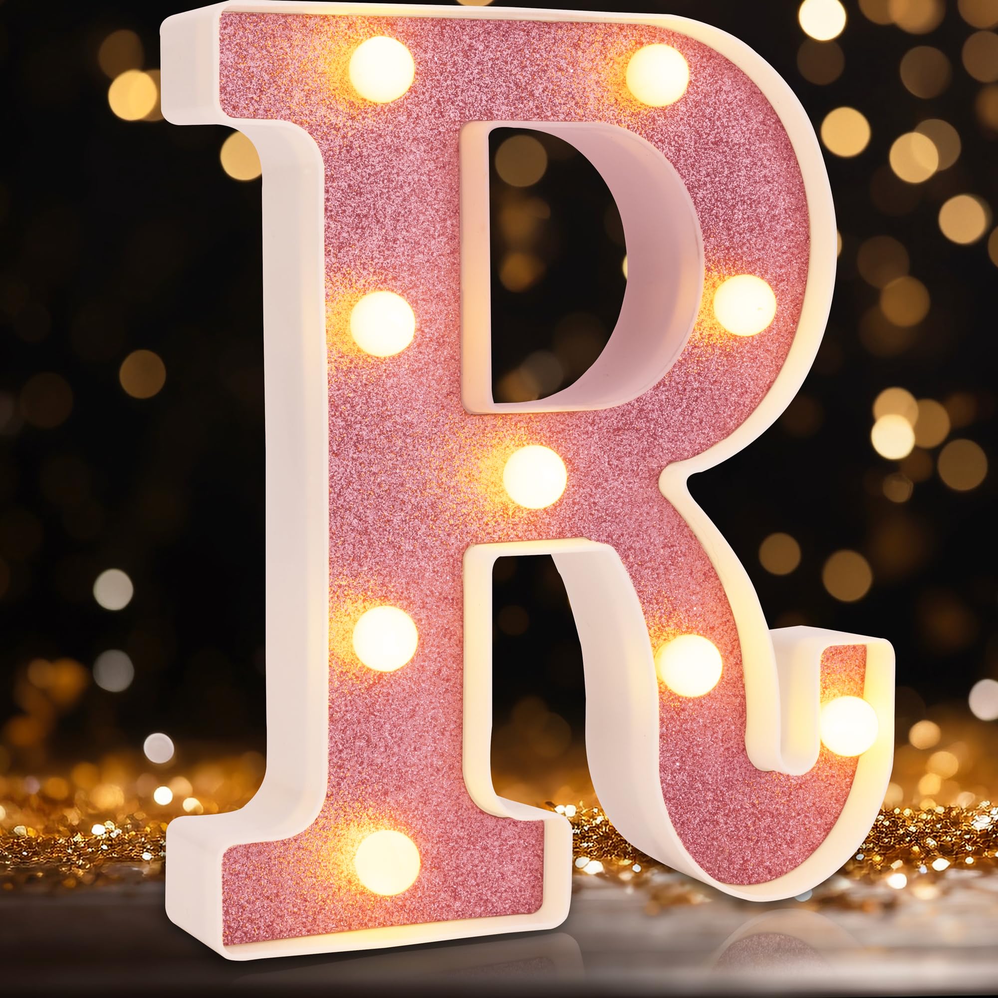 Photo 1 of Small Led Marquee Letters, Light Up Letters, 8.58 Inch Led Letter Lights, Battery Powered Lighted Sign for Table, Party, Birthday, Christmas Decor (Pink Glitter, Letter R)