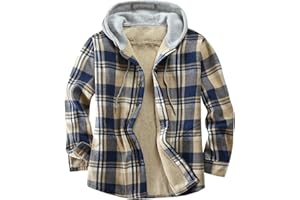 Derbars Men's Cotton Plaid Shirts Jacket Fleece Lined Flannel Shirts Sherpa Button Down Jackets with Hood for Men