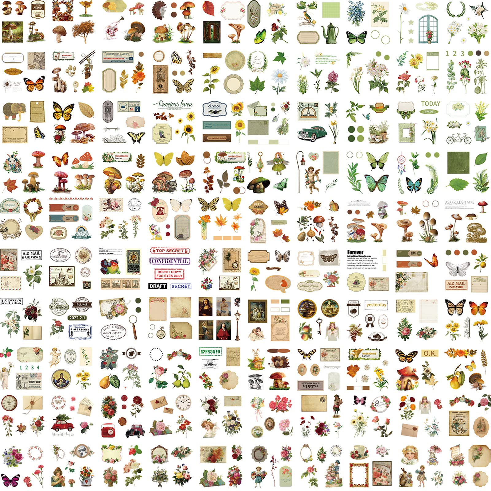 510PCS Plants Floral Scrapbook Stickers Kit Vintage Flowers Butterfly Mushroom Fall Maple Leaves Transparent Waterproof Stickers Set for Scrapbooking Supplies Aesthetic Junk JournalCraft