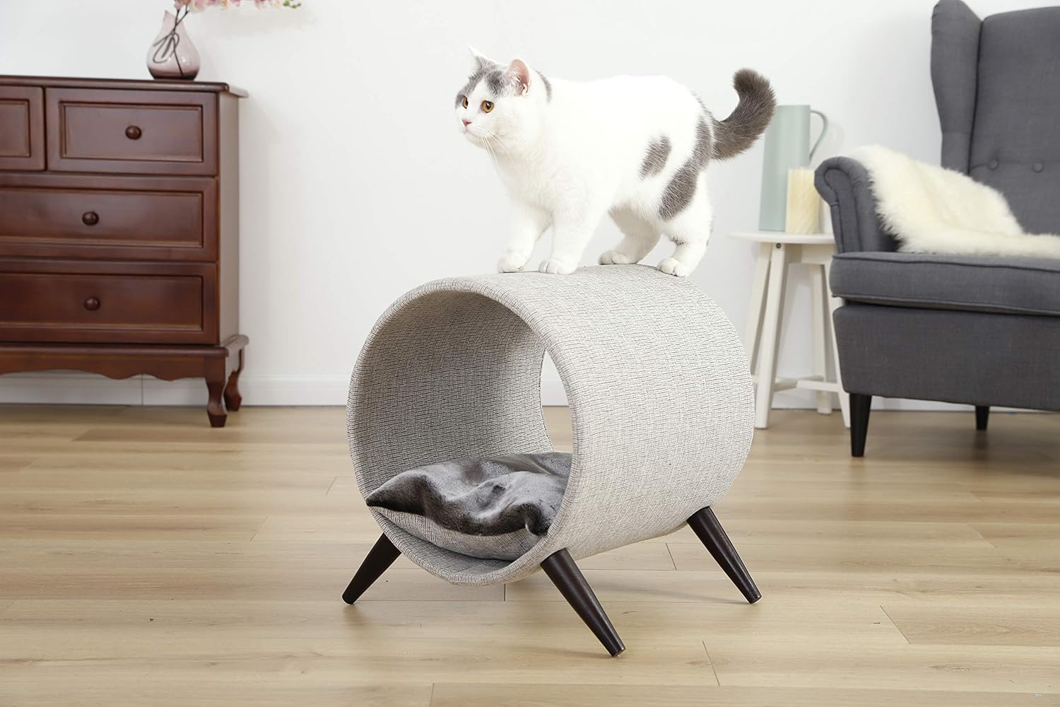 Cat Craft 4308601 Tunnel Bed, Grey and Brown Wooden Legs Cat Furniture, 15 Inch : Pet Supplies