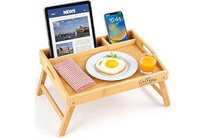 Hallops Bamboo Bed Tray - Adjustable, Foldable, Spill-Resistant - 2 Media Slots - Lap Desk for Eating & Laptops - 2.3" H x 15