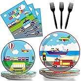 gisgfim 96 Pcs Transportation Plates and Napkins Party Supplies Car Tableware Set Bus Train Plane Ship Traffic Light Decorations Favors for Girls Boys Birthday Baby Shower Serves 24