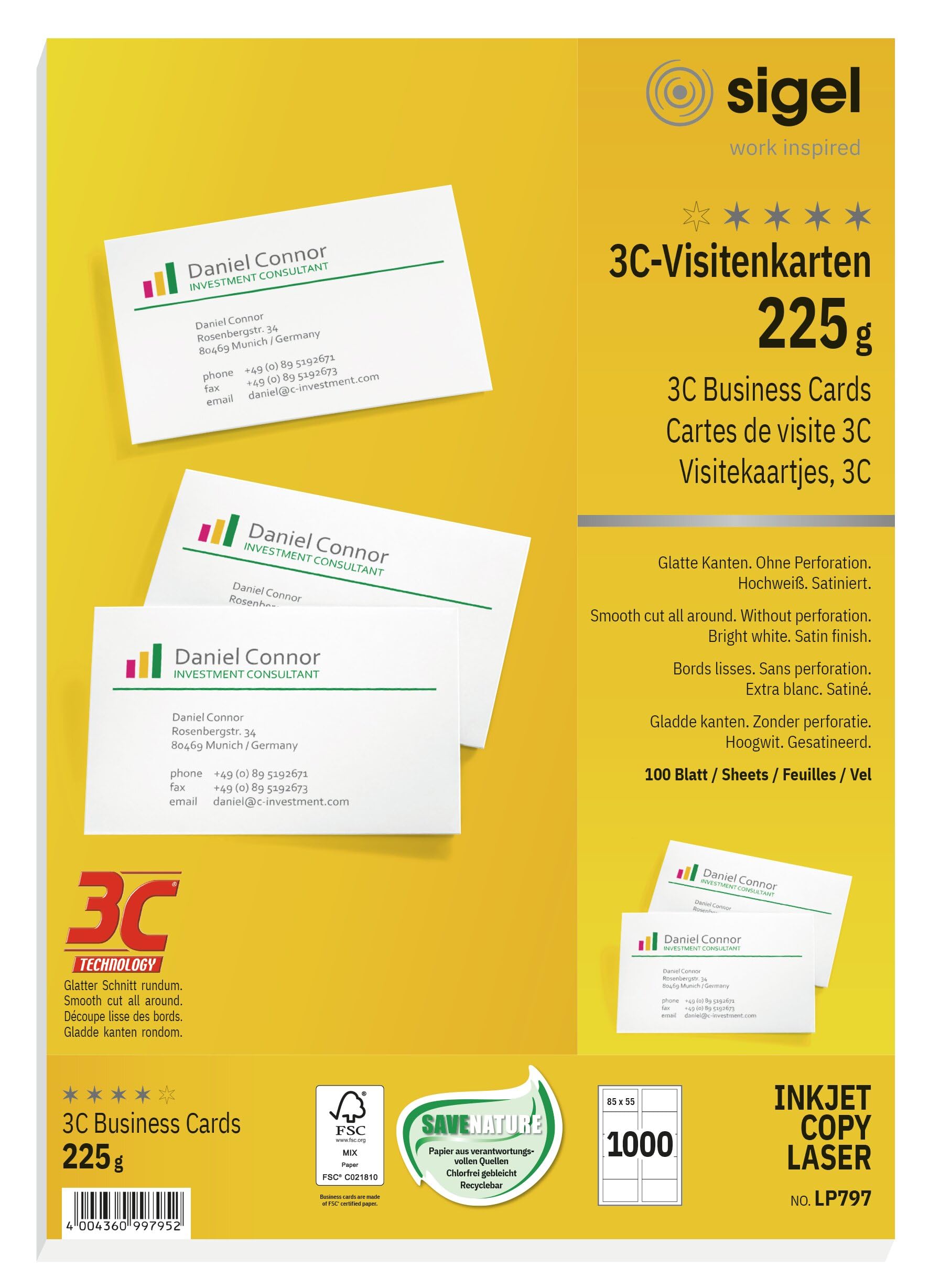 SIGEL LP797, 85x55 mm (A4), Business Cards, 3C, smooth cut all around, 225 gsm, printable, bright White, 1000 Piecesequal to100 sheets