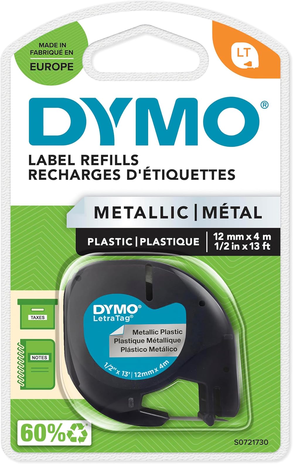 Dymo LetraTag Metallic Labels 12mm x 4m Black on Silver Self-Adhesive