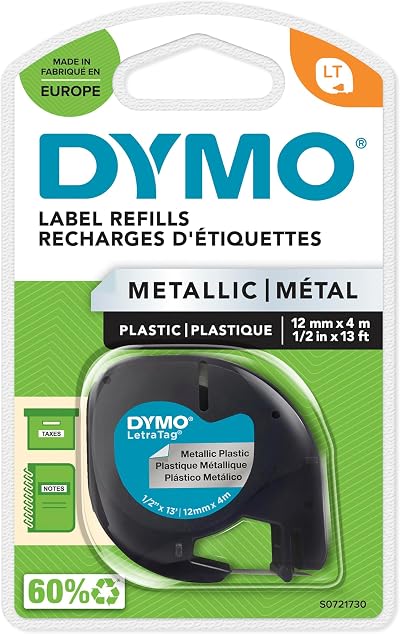 Dymo LetraTag Metallic Labels 12mm x 4m Black on Silver Self-Adhesive