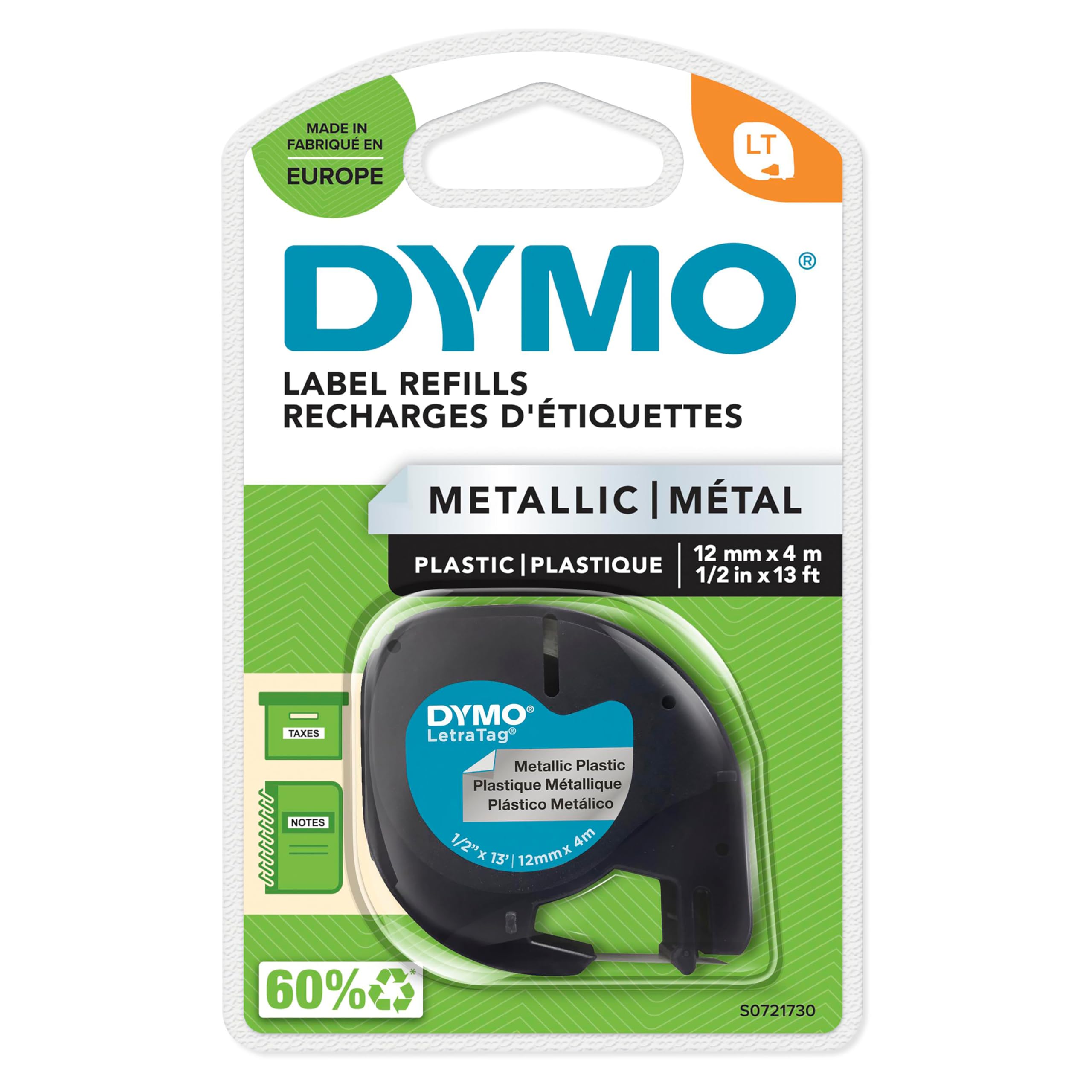 DYMO LetraTag Metallic Labels | Authentic | Black Print on Metallic Silver | 12mm x 4m | Self-Adhesive Multipurpose Labels for LetraTag Label Makers