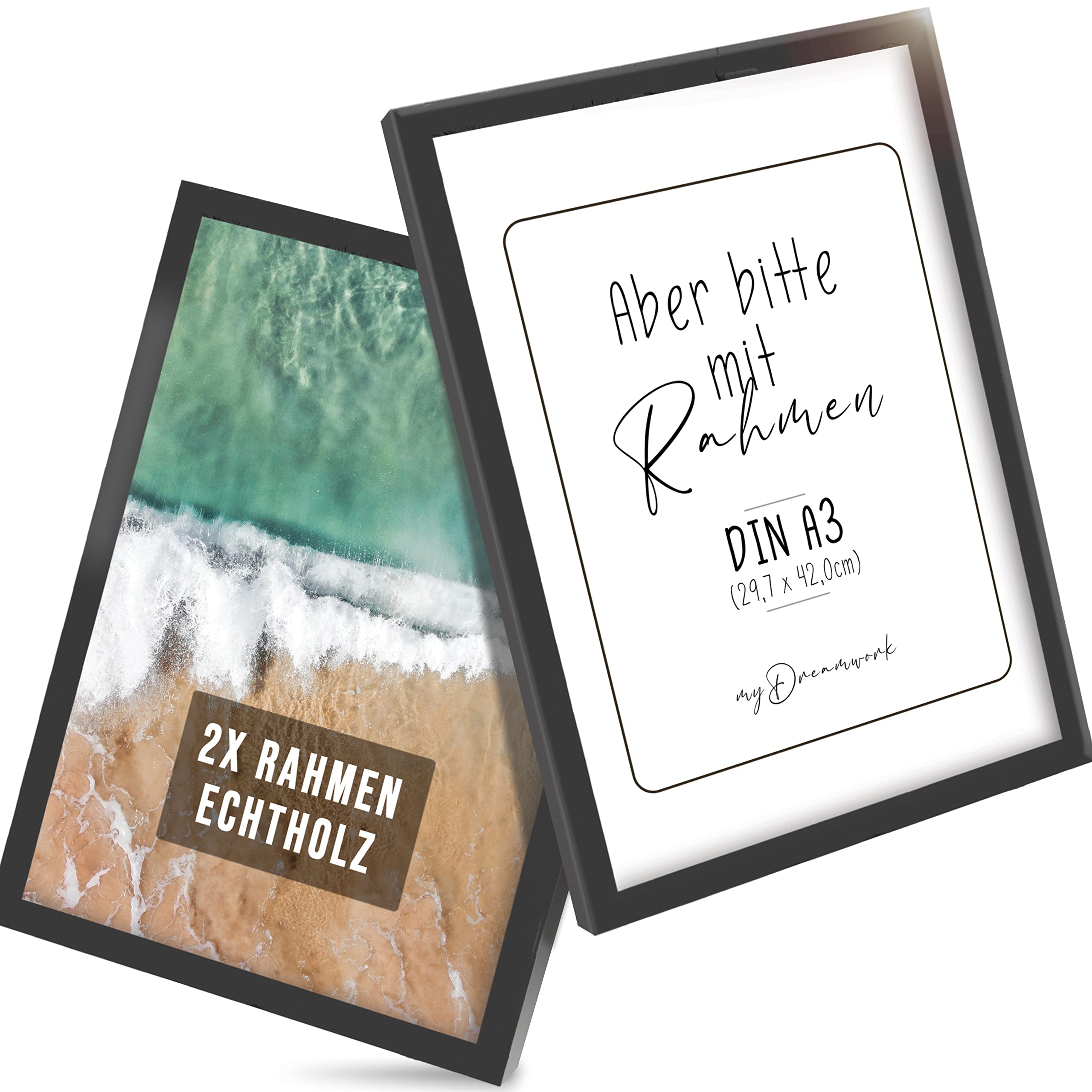 myDreamwork New York Black Picture Frame, Set of 2 (Double Pack), DIN A3, Wooden Frame with Shatterproof Plexi Glass, Picture Frame A3 Black, Wooden Frame 29.7 cm x 42 cm