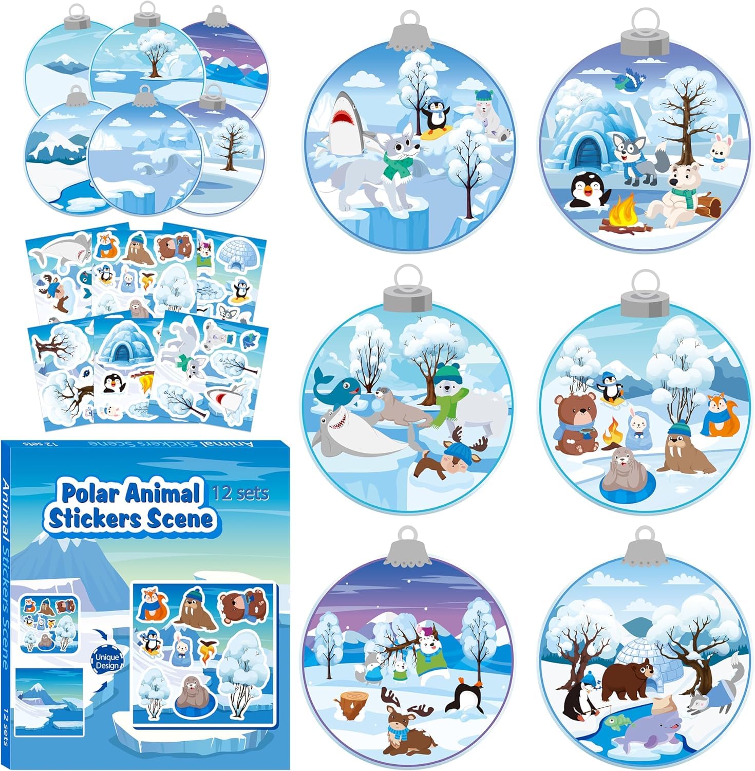 R HORSE Polar Animal Stickers Scene - 12 Set Make A Polar Jar Sticker Scene with Polar Animals for Kids Make Your Own Polar Bear Snowy Stickers with Jar Scene DIY Art Crafts for Kids Classroom Project