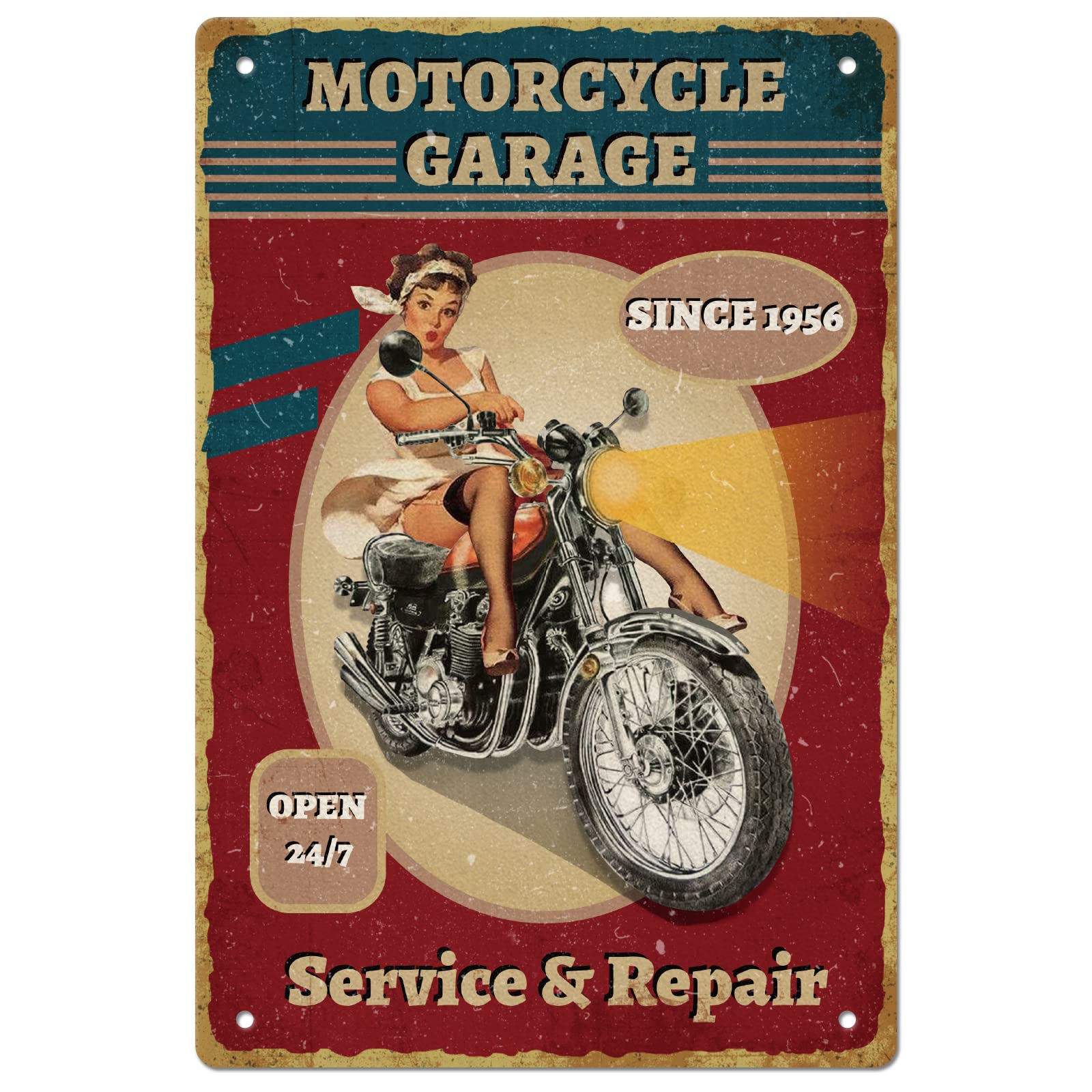 SUPERDANT Motorcycle Metal Signs Open Motorcycle Garage 24/7 Tin Signs Motor Girl Wall Plaques Motorbike Metal Sign Art for Man Cave Home Bathroom Bar Pub Repair Shop Vintage Decor